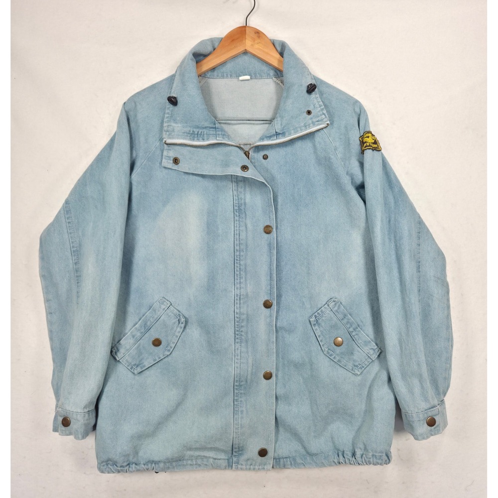 Vintage Light Wash Denim Field Jacket Asymmetrical Zip Utility Patrol Patch Blue